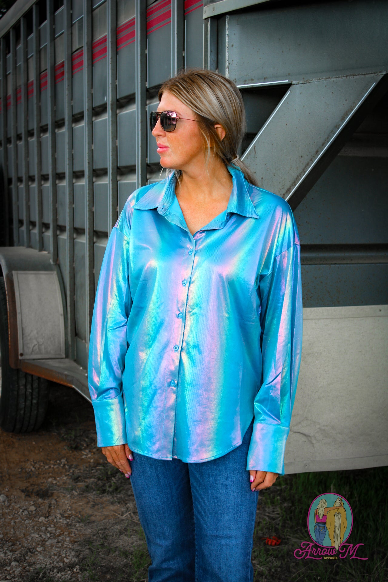 Metallic Shimmer Button Down--Blue Large