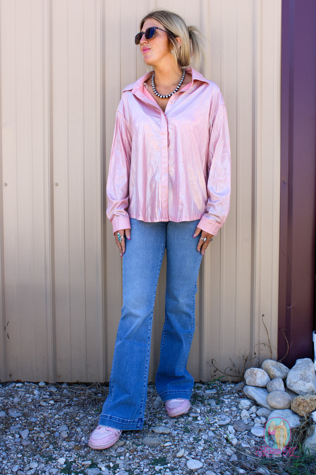 Shimmery Button Down--Blush