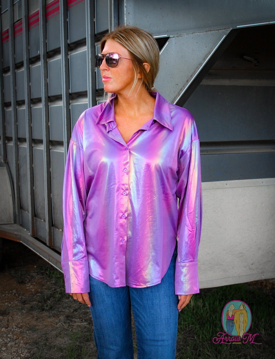 Metallic Shimmer Button Down--Purple