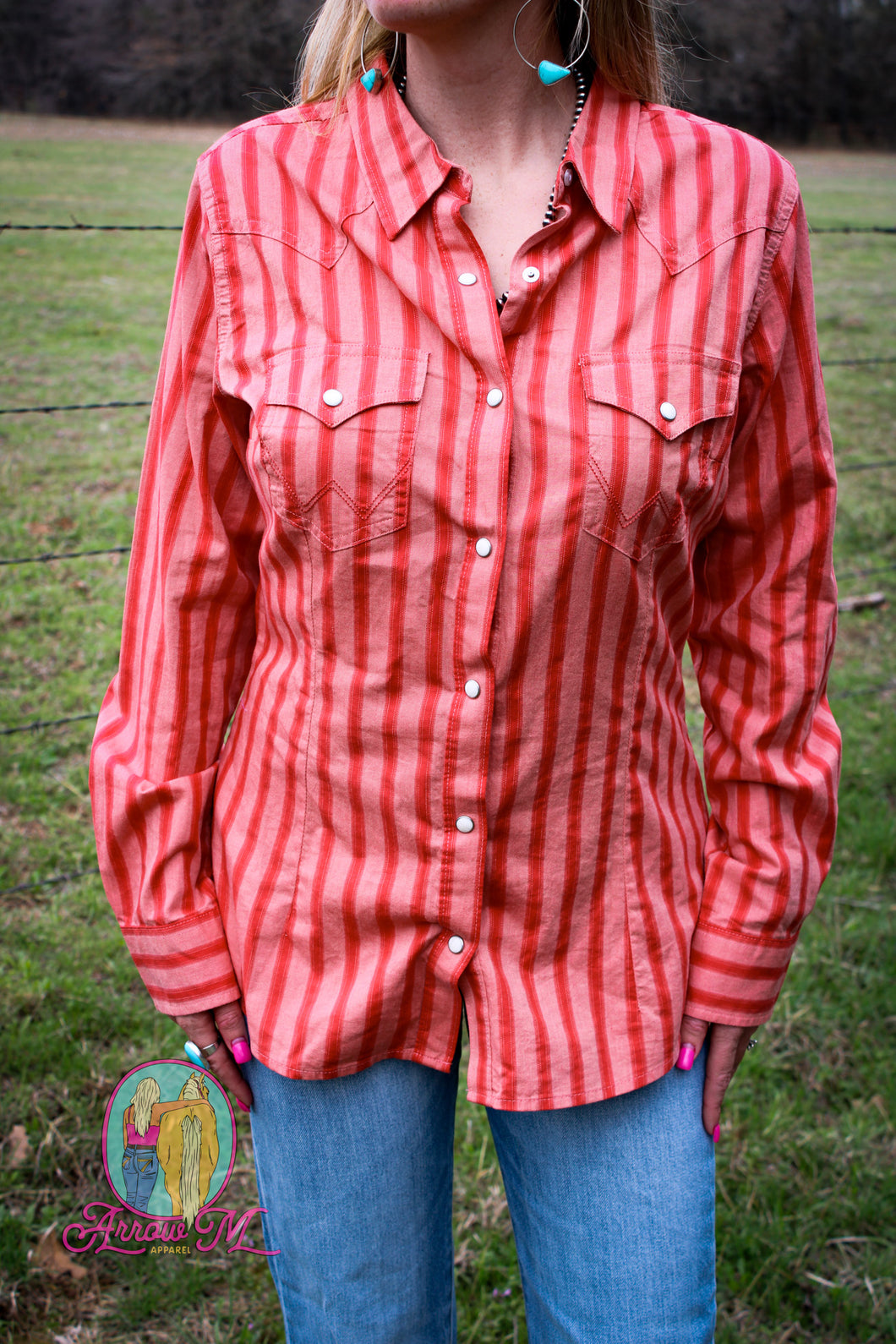 Vintage Red Orange Colored Wrangler Striped Button Down